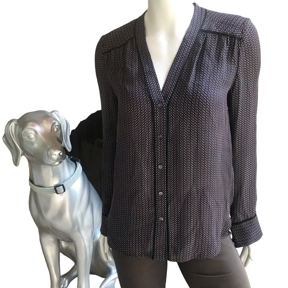 Vince Silk Button Down Black White Red Long Sleeve Shirt Women's Size S